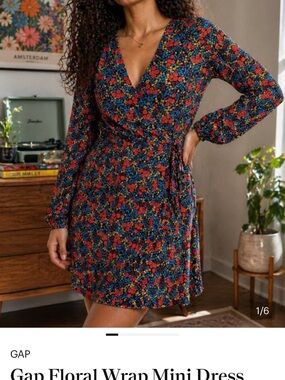 GAP Navy Floral Wrap Mini Dress with Red & Yellow Blooms